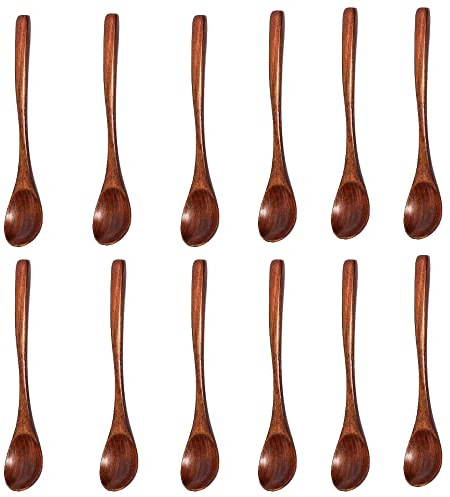 Lot de 12 petites cuillères en bois - Mini cuillères à café - Cuillères à café - Cuillères à sel - Miel - Café - Thé - Sucre - Sel - Confiture - Moutarde - Cuillères en bois pour cuisine, huile