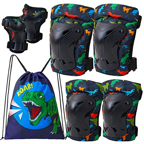 FIODAY Knee Pads for Kids Dinosaur Knee Elbow Pads Wrist Guards with Drawstring Bag Adjustable 7 in 1 Protective Gear Set for Boys Inline Skating Bike Cycling Skateboard Scooter, 3-8 Years, Black