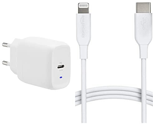 Amazon Basics Chargeur Mural à 1 Port USB-C 30 W, GaN, pour tablettes et téléphones Portables avec Alimentation Secteur - Blanc & Câble USB-C vers Lightning, Chargeur certifié MFi - Blanc, 0,9 m