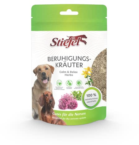 Stiefel Beruhigungskräuter für Hunde, 100% naturbelassene Kräutermischung, kann nervöse und gereizte Hunde unterstützen, mit Bierhefe, Hanf, Pfefferminz, Melisse, Johanniskraut & Baldrianwurzel, 100g
