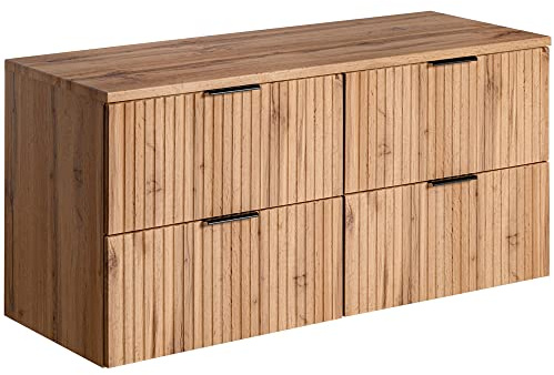 Lomadox Badezimmermöbel Waschtisch-Unterschrank 120cm Wotaneiche mit gerilllter Front Waschbecken Badschrank mit 4 Softclose-Auszügen, B/H/T ca. 120,6/59,2/46,5 cm