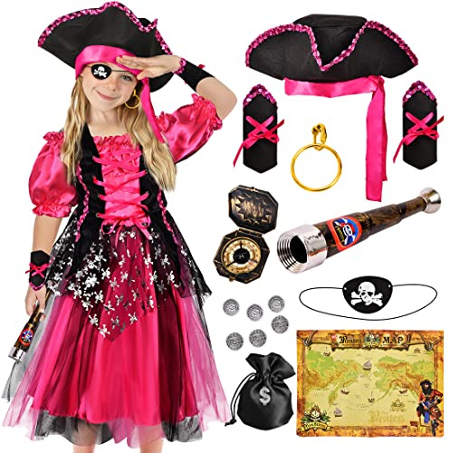 Tacobear Piratenkostüm Kinder Deluxe Piraten Kleid Mädchen mit Piraten Zubehör Hut Kompass Teleskop Pirat Karneval Fasching Halloween Schatzsuche Kostüm für Kinder Mädchen 3-10 Jahre