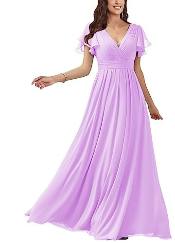 Robe de demoiselle d'honneur à col en V pour femme - Robe de soirée longue en mousseline de soie avec poches, lilas, 36