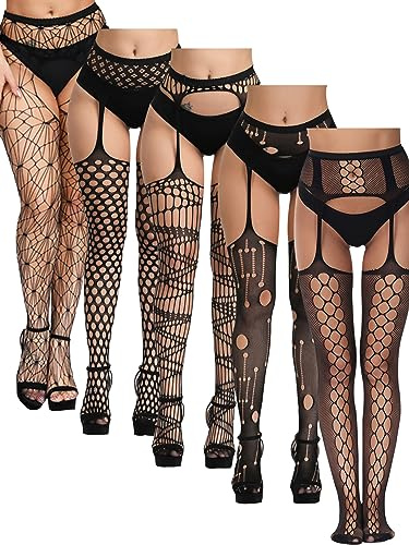 SOUTHRO 5 Pairs Black Fishnet Thigh High Garter Stockings Fish Net Tights for Women - Garter Belts Set & Suspender Pantyhose for Women