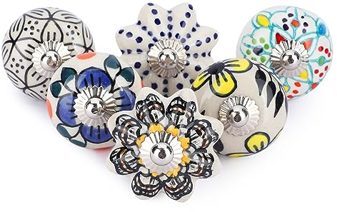 Ajuny Multicolour Ceramic Cupboard Knobs Set of 6 Hand-Painted Pottery Drawer & Cabinet Handles for Kitchen Cabinets Bathroom Cupboards Wardrobes & Dressers Gloss Finish Furniture Décor