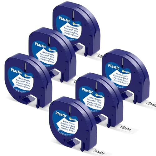 Markurlife 6x 91221 Kompatibel Dymo Etikettenband 12mm x 4m Plastik Weiß | 6er Pack,Plastic,Schwarz auf weißem,A91221,Kompatibel mit Phomemo P12,dymo LetraTag XR,LT-100H,200B,LT-110T,QX50,2000