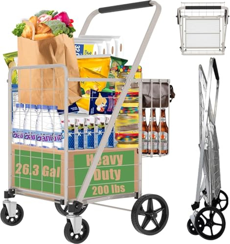 Shopping Cart for Groceries, 320lbs Jumbo Grocery Carts with Waterproof Liner, Foldable Double Basket Trolley with 360° Swivel Wheels, Dense Metal Mesh Bottom Utility Carts for Condo/Laundry