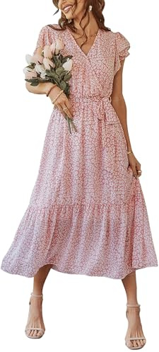 Awemeal Damklänning, elegant, v-ringad, kortärmad, lång sommarklänning, blommig boho-klänning med bälte och volangfåll, omlottklänning, strandklänning, böljande a-linjeformad maxiklänning, XL