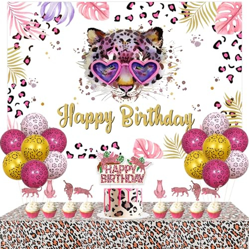 Jollyboom Cheetah tryck födelsedagsdekorationer, gepard grattis på födelsedagen dekoration bakgrund rosa leopard tårta cupcake topper bordsduk ballong för flicka kvinnor djungel safari vild en