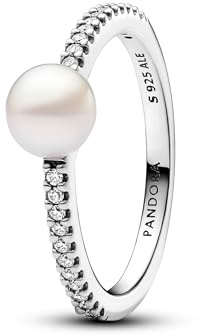 Pandora Timeless Anillo de plata de ley con perla blanca cultivada de agua dulce tratada y circonitas cúbicas transparentes, talla 52