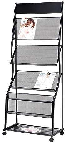 Prospektständer für Messen, tragbarer 4-Taschen-Informationsständer für Zeitschriften, Broschüren, Zeitungen und Dokumente, Bodenkatalog-Displayhalter aus Metall (Farbe: Schwarz, Größe: 64 x 35,5 x