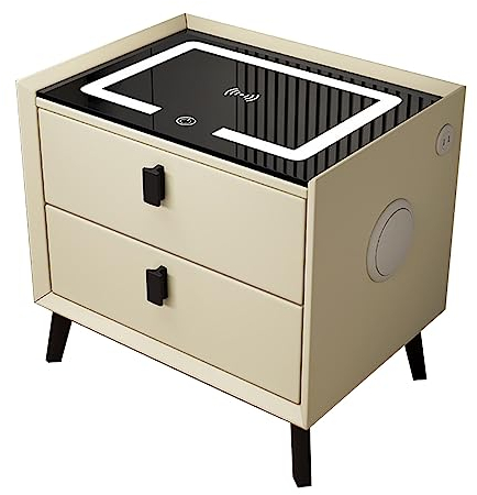 Nightstand with Wireless Charging Station, LED Lights, and USB Port - 2 Drawer Nightstand for Bedroom, Dorm, or Living Room - Beige+Black Color