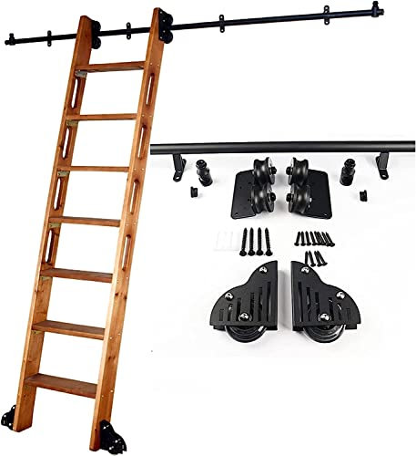 XBDLYQBD Library Rolling Ladder Track Full Set Hardware, with Floor Roller Wheel Mobile Ladder Track Carbon Steel Slide, Sliding Barn Door Kit (No Ladder)