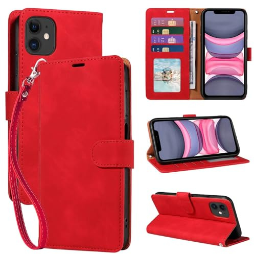 GOTOURED Étui portefeuille rouge pour iPhone 11, blocage RFID, 4 emplacements pour cartes, dragonne, béquille, fermeture magnétique, protection antichoc en cuir souple