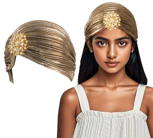 Lufdegim Turban Damen Hut mit Abnehmbarer Kristall Brosche 1920s Fasching Hut Damen Vintage Turban Elastische Kopf Wraps Gatsby Kostüm Accessoires