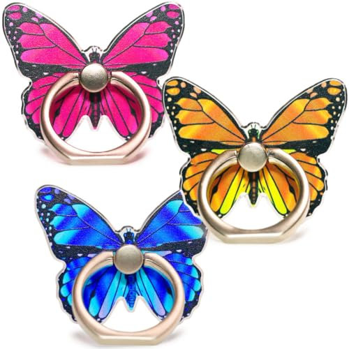 Bmeigo 3pcs Butterfly Cell Phone Ring Holders, Metal Phone Stand Kickstand 360 Rotation Adjustable Cellphone Support Ring Holder Finger Grips for All Smartphones (Blue/Orange/Red)