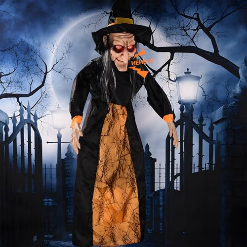 Warmiehomy 67 Outdoor Halloween Decorations Hanging Animated Talking Witch Decorations with Light Up Eyes and Sound Activation & Movable Jaw Scary Halloween Decorations for Haunted House Door