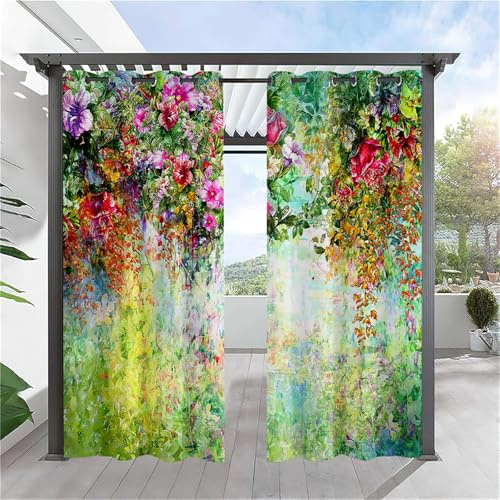 Hiseng wasserdichte Vorhänge Outdoor, 3D Pflanze Drucken Outdoorvorhänge Wetterfest 2 Stück Verdunkelungsvorhang Blickdicht mit Ösen Sichtschutz Sonnenschutz Vorhang (137x243cm,Ölgemälde)