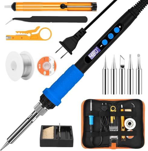 Weinsamkeit Lötkolben-Set 80W mit LCD und Einstellbarer Temperatur (180-480°C), Lötkolben mit Ein/Aus, 5 Lötspitzen, 50g Lötdraht, Lötkolbenständer, Entlötpumpe, Pinzette, Lötset für Elektrische