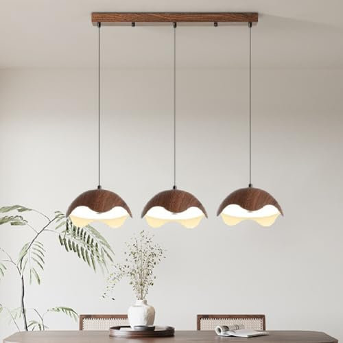 BBWO LED Pendelleuchte Höhenverstellbar Esstischlampe Dimmbar Pendellamp Lampenschirm Metall mit Holzmaserung Hängeleuchte mit Fernbedienung Kronleuchter Wohnzimmer Esszimmer Deckenleuchte(B 3heads)