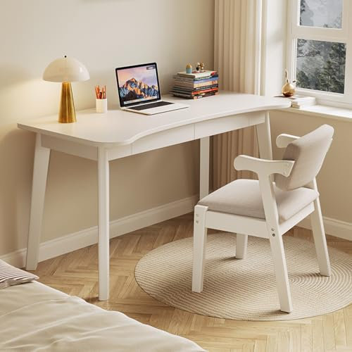 Schreibtisch aus 100% massiver Eiche – Home-Office-Schreibtisch mit Schubladen, Moderne Möbel mit geschwungener Platte, Kleiner Arbeitstisch für Schlafzimmer (31 Zoll, weiß)