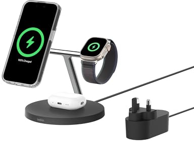 Belkin BoostCharge 3-in-1 Qi2 charger, MagSafe compatible wireless charging station, Qi2 Wireless Charger for Apple iPhone 17 Series, Air, Apple Watch, AirPods with Non-Slip Base, PSU Included - Black