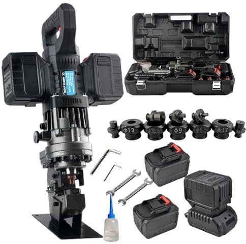 Dual Power Supply Hydraulic Hole Puncher, Cordless Electric Hydraulic Hole Puncher, Punching Machine Metal Hole Punch with 5 Dies, for Angle Steel, Hydraulic Press Punching Tool, with Handle