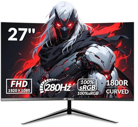 CRUA 27 Inch Curved Gaming Monitor,Full HD(1920x1080P) VA Panel 1800R 280Hz Refresh Rate Computer Monitor with Blue Light Filter,for Gaming & Office(DP,HDMI) - Wall Mountable, Black