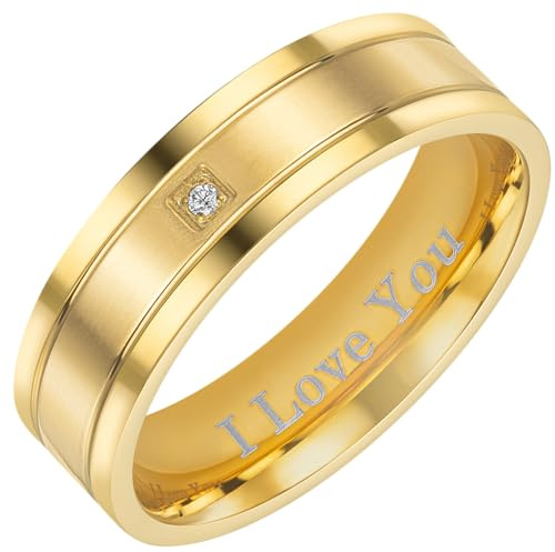 Willis Judd I Love You Mens Ring In Wooden Gift Box 7mm Gold Titanium Ring for Men Wedding Band Ring Mens Engagement Ring Groove Promise Ring Comfort Fit Size M
