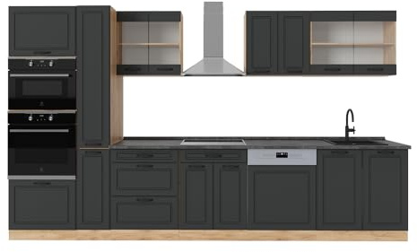 Vicco Küchenzeile R-Line, Anthrazit Landhaus/Goldkraft Eiche, 350 cm, AP Anthrazit, zur individuellen Erweiterung und flexiblen Anordnung geeignet