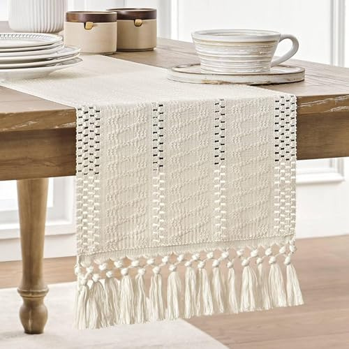 Torytoe Boho Creme Landhausstil Quasten Tischläufer, Rechteckige Häkelspitze Mesh Tischdecke, Waschbar Tisch Dekoration Party Geburtstag Valentinstag Hochzeit Dekor 30x140 cm