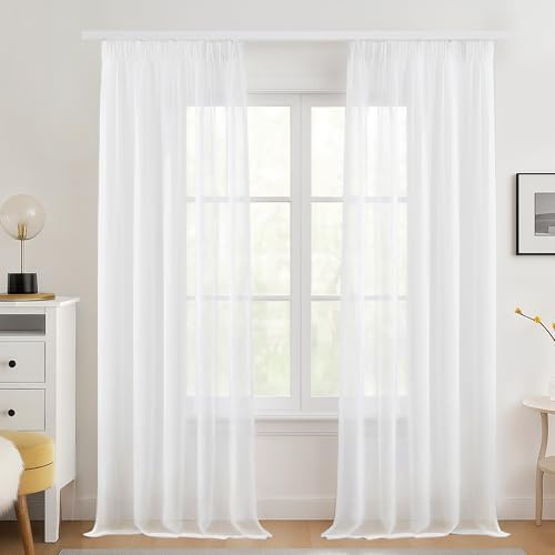 Deconovo Voile Vorhang mit Kräuselband Gardinenschals Übergardinen Weiß | 2er Set, H 229 x B 140 cm, Voile Vorhänge Durchsichtig, für Schienensystem, für Küche Badezimmer Wohnzimmer, Modern