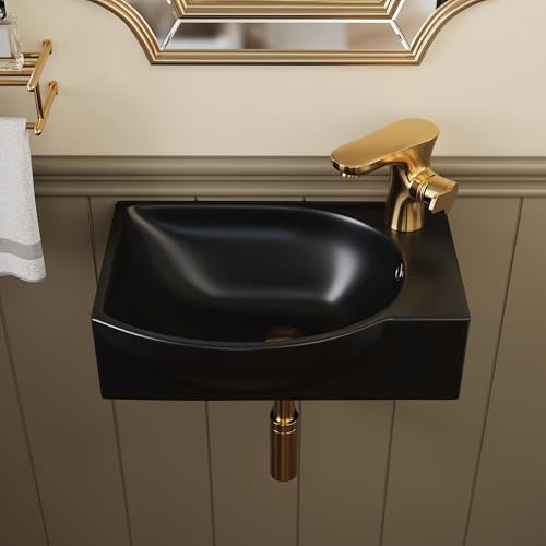 Wall Hung Caremic Basin, DeerValley Cloakroom Sink Compact Wall Mounted Corner Washbasin with Overflow and Tap Hole - 40 x 28 x14.5cm (Black, Left Hand)