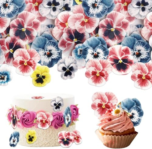 60 Pack Edible Flowers Cake Toppers Wafer Paper Flowers Cupcake Toppers Pansies Wedding Bridal Engagement Edible Flower Cake Decorations for Baby Shower Birthday Party Cake Food Decorations Supplies