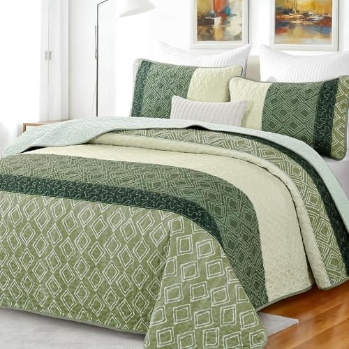 TESIN Green Quilt Set Super King Size (Oversized), Striped Plaid Bedspread Coverlet Set, Boho Summer Bedding Set Soft Microfiber Bedding Set with 2 Pillow Shams (220x240cm)