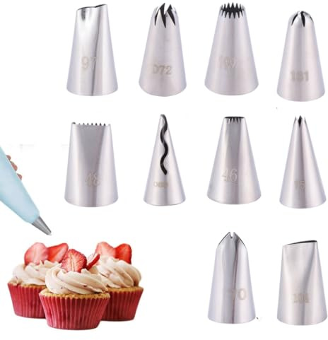 YAZWUR Set di 10 Beccucci per Sac a Poche Professionali, Beccucci Riutilizzabili in Acciaio Inox, Bocchette Decorative, Accessori per Decorare Cupcakes, Torte, Zeppole, Biscotti
