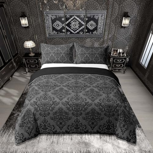 Homemissing Damask Duvet Cover Set Double Size Floral Printed Bedding Set for Boys Girls Jacquard Duvet Cover Bohemian Damask Print Bedroom Decor 3Pcs Zipper Closure With 2 Pillowcases