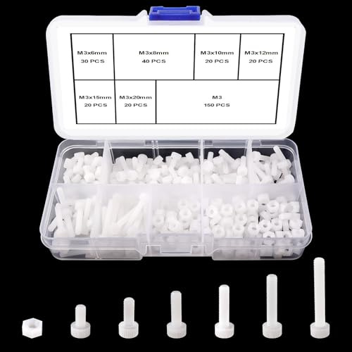 Lyeteung 150 Sets 6 Sizes M3 Nylon Plastic Screws and Nuts Kit, Nylon Socket Cap Screws, Plastic Hex Nuts, for Fastening, White