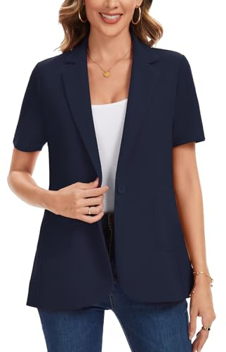Kyzoeyou - Blazer da donna a manica corta, leggero, con revers a taglio, un bottone, giacche formali per il business, casual, per il lavoro, M