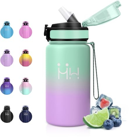 Botella Agua Acero Inoxidable 500ml, Botella Termica con Pajita, Termo sin BPA, a Prueba de Fugas, Fácil de Abrir, Cantimplora Termica para Colegio, Escuela, Excursiones
