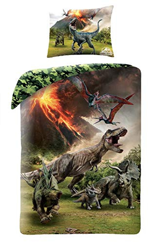 Halantex Top Brands - Bettwäsche-Set, Jurassic World Jurassic World Jurassic Dinosaurier T-Rex, für Betten von 140 x 200 cm, 100% Baumwolle, Bettwäsche