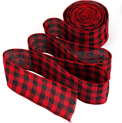 LUTER Rotes und Schwarzes Kariertes Sackleinenband mit Draht Buffalo Plaid Ribbon Weihnachtsband Geschenkband für Weihnachten Basteln Dekoration Blumenschleifen, 236 mal 2,5 Zoll