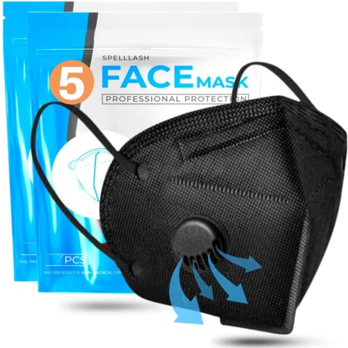 Face Mask Black with Breathing-Valve 5 Pack | Disposable Face Masks for Woman and Men 5 Layer Non-Woven | Sport Face Mask for Protection | Breathable Lightweight and Comfortable on Skin
