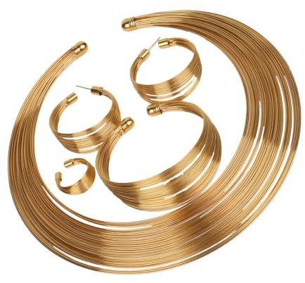 Holibanna Mehrlagiges Afrikanisches Schmuckset Damen Goldfarben Halskette Choker Ohrringe Armband Ring Für Hochzeit Alltag Feier