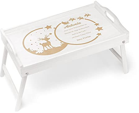 Maverton Frühstückstablett mit Gravur - personalisiert - Betttisch mit Griffen - klappbare Beine - erhöhter Rand - Weiß - zu Weihnachten - Rentier