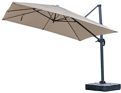 The Fellie 3 x 3M 360° Rotation Garden Parasol, Outdoor Cantilever Hanging Sun Shade Umbrella with Cross Base and Water Sand Filled Base(100L), UPF 30+ UV Protection, Khaki