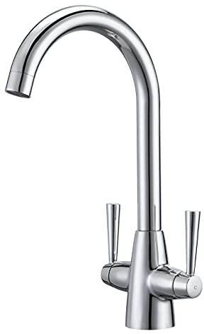 Peppermint Kitchen Tap Dual Lever Chrome Kitchen Sink Taps Stainless Steel Twin Lever Traditional Mixer Taps 1 Hole Monobloc 360° Swivel Faucet Hot Cold Mxier