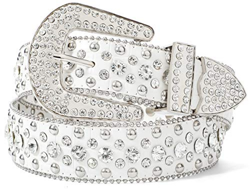 LEACOOLKEY Strass Gürtel für Damen für Jeans,Western Cowgirl Nieten Punk PU Ledergürtel,Damen Schwarzer Strass Gürtel(S:Passgröße 70cm-80cm = 105cm Gesamtlänge,B-Weiß)