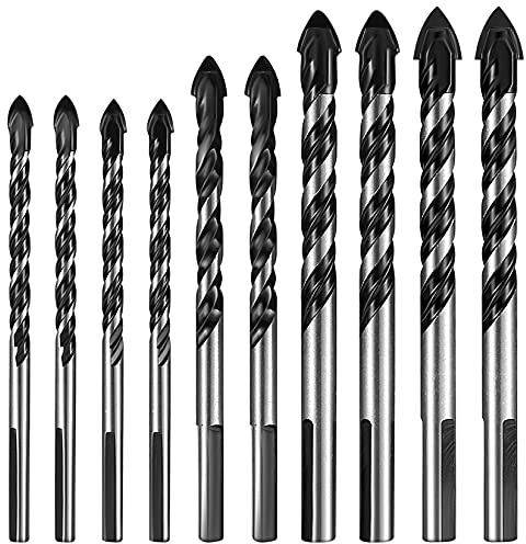 10 Pcs Masonry Drill Bit Set, Tungsten Carbide Tipped Triangle Twist Drill Bits Set for Porcelain Ceramic Tile, Concrete, Brick Wall, Wood, Glass, Mirrors, Plastic, Drill Bits - 6mm/8mm/10mm/12mm