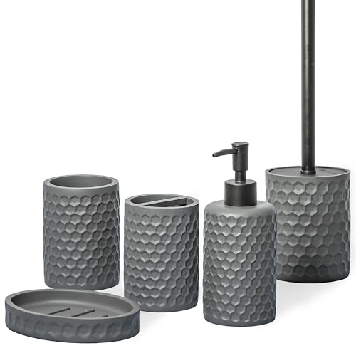 zccz Bathroom Accessories Set 5 Pcs - Soap Dispenser, Toilet Brush Holder, Toothbrush Holder, Bathroom Tumbler, Soap Dish - Vintage Bathroom Accessory Set Decor Countertop Vanity Organizer, Cool Grey